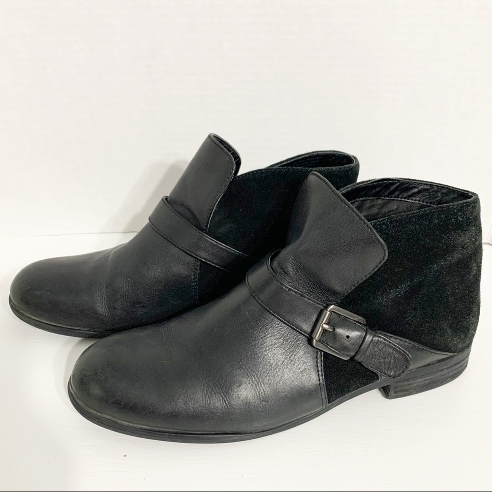 Franco Sarto Merit Leather and Suede Booties Adjustable Strap with Buckle Black